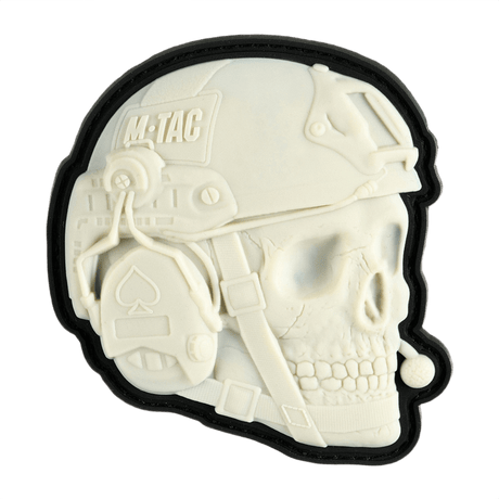 3D design of M-Tac Patch Operator 3D PVC with Velcro, for morale patch on clothing or tactical gear, white helmet and skull.
