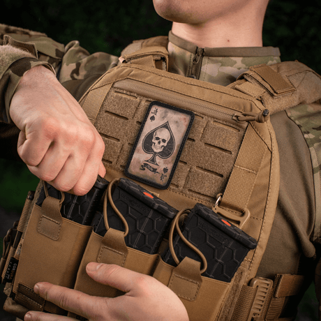 M-Tac Patch Ace of Spades on a camouflage jacket, symbolizing fighting spirit with spade ace and skull, vintage look, Cordura 500D.