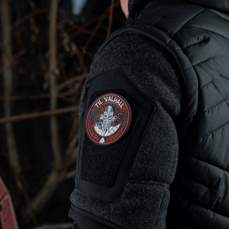 M-Tac Patch Til Valhall PVC on sleeve of a uniform, inspired by Norwegian soldiers and rituals, with 3D design and Velcro backing.