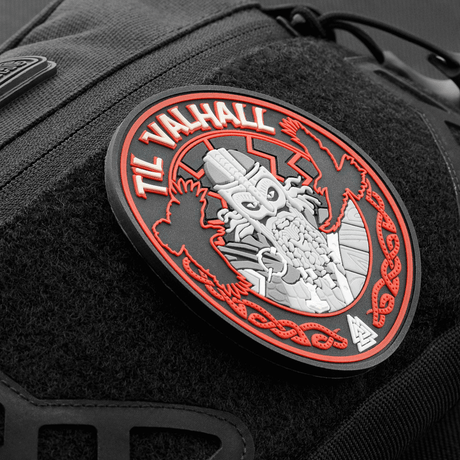 M-Tac Patch Til Valhall PVC on bag with 3D design inspired by the Telemark Battalion, suitable for tactical gear, diameter 80 mm.