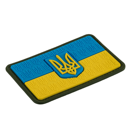 M-Tac Patch Ukraine Flag with coat of arms in PVC with blue and yellow colors and 3D Trident, ideal for clothing and gear. Dimensions: 8 x 5 cm.