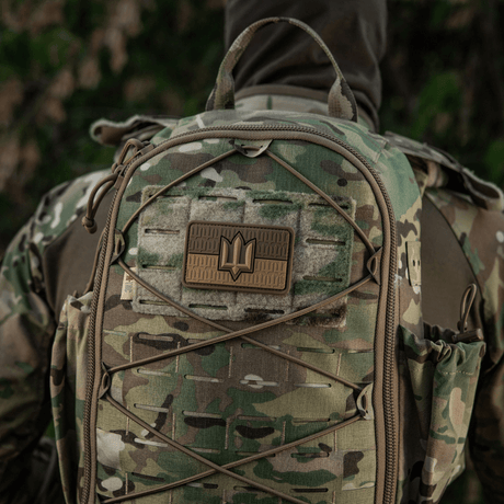 Camouflage backpack with M-Tac Ukraine Flag patch with ZSU Trident PVC on the back