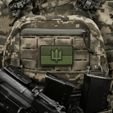 M-Tac Ukraine Flag patch with ZSU Trident PVC on military gear, symbolizes Ukrainian pride and heritage, made of 3D PVC