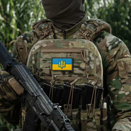 M-Tac Ukraine Flag patch with ZSU Trident PVC on a military uniform in camouflage pattern