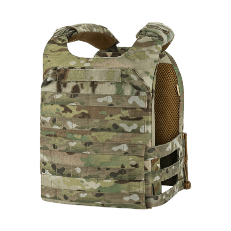 M-Tac Plate Carrier Cuirass Elite Gen.II in camo design, with durable Cordura 500D fabric and Duraflex quick-release buckles for easy use.
