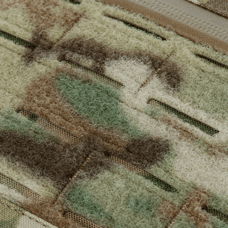 Close-up of M-Tac Plate Carrier Cuirass Elite Gen.II in camo pattern, made from durable Cordura 500D material with 3D mesh interior.
