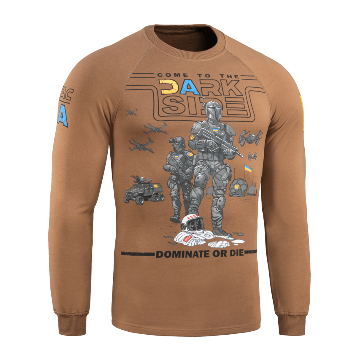 M-Tac Raglan T-Shirt UA Side i brun med print "Come to the Dark Side" og militærmotiv, perfekt til hverdagsbrug. 95% bomuld, 5% elastan.