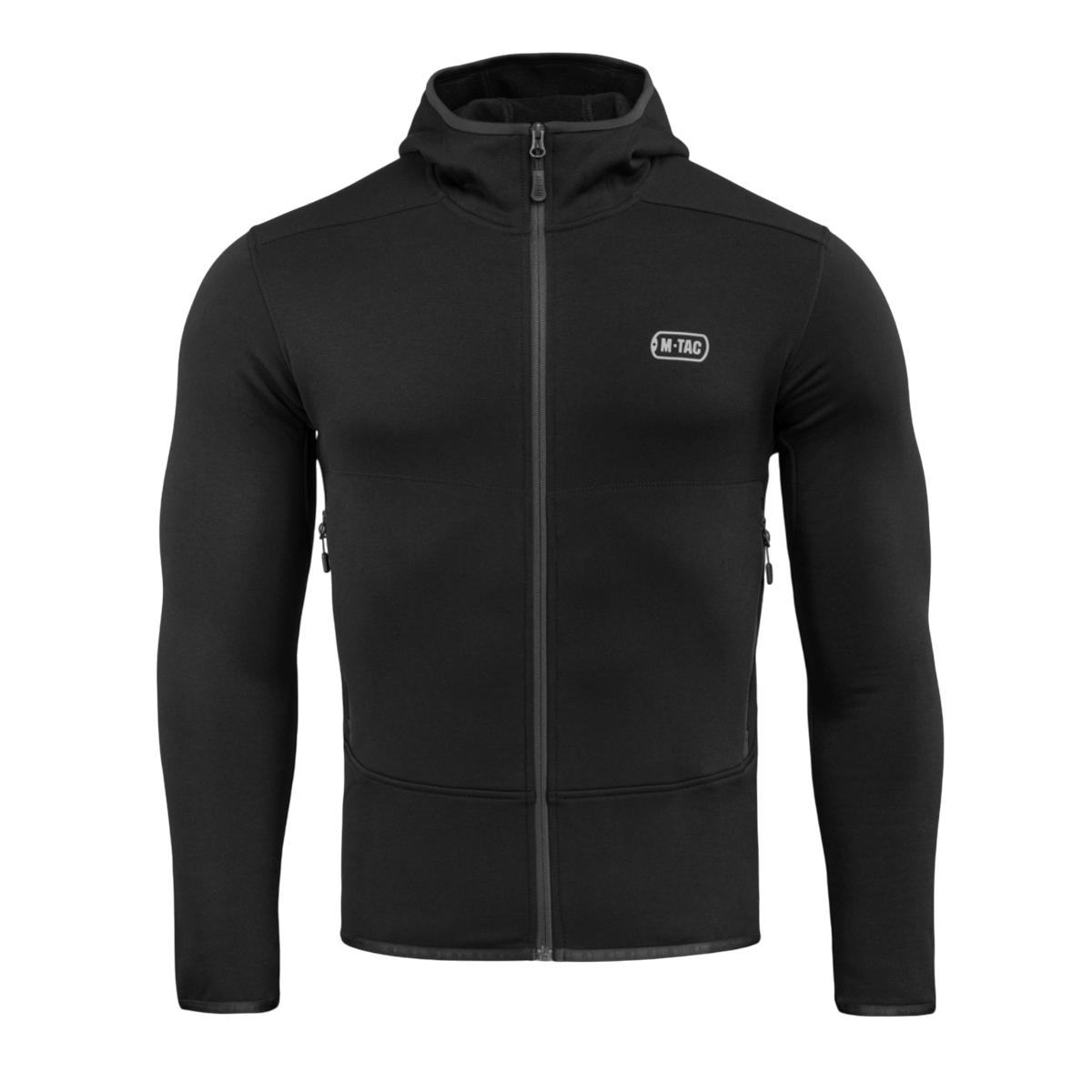 M-Tac Shadow Polartec Fleece Sweatshirt i sort med hætte fremstillet af Power Stretch Pro fleece, designet til funktionalitet og holdbarhed.
