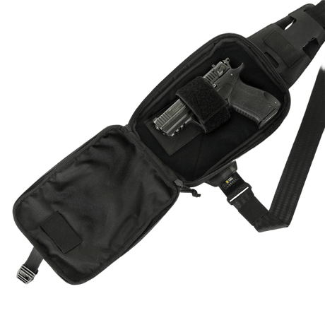 M-Tac Sling Pistol Bag Elite Hex with Velcro in black, open to show secured pistol, made of durable Cordura 1000D and Cordura Hex.