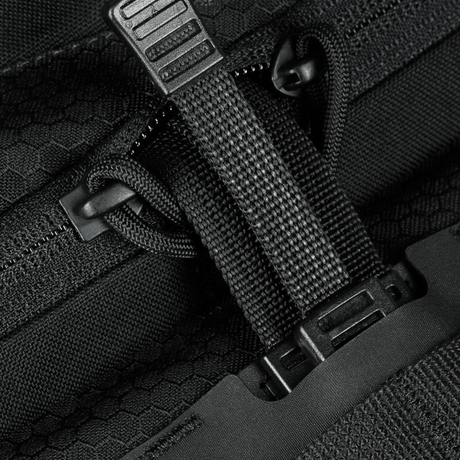 Close-up of M-Tac Sling Pistol Bag Elite Hex with Velcro with robust zippers and buckles in black Cordura material.
