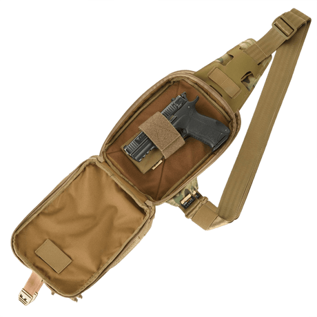 M-Tac Sling Pistol Bag Elite Hex with Velcro for concealed carrying of firearms, made of durable Cordura, adjustable strap, four compartments and Velcro front panel.
