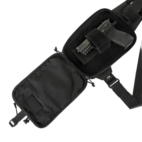 M-Tac Sling Pistol Bag Elite Hex with Velcro opened showing pistol inside, adjustable shoulder strap and rugged material.