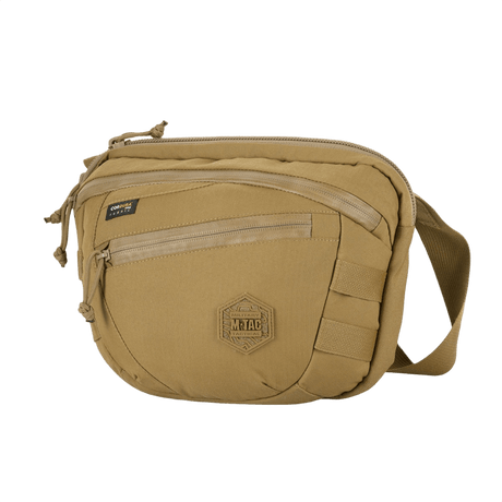 M-Tac Sphaera Hardsling Bag Large Elite with Velcro in beige Cordura, compact design with adjustable shoulder strap and front Velcro panel.