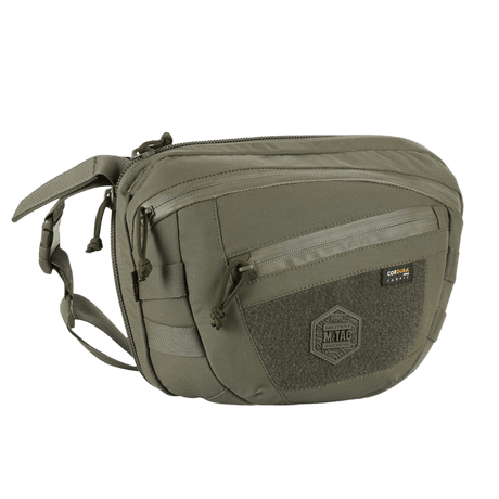 M-Tac Sphaera Hardsling Bag Large Elite with Velcro in green Cordura, compact design with MOLLE system and adjustable shoulder strap.
