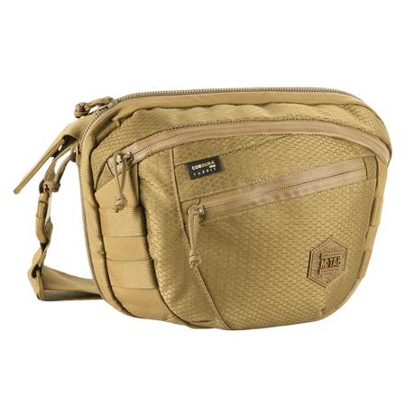 M-Tac Sphaera Hex Hardsling Bag Large Elite in sand color with zip pockets and adjustable strap.