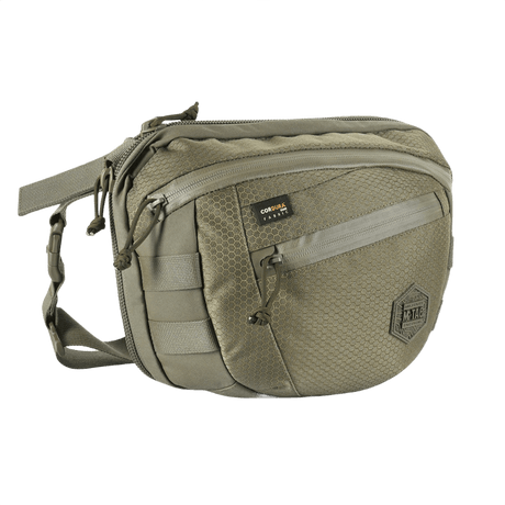 M-Tac Sphaera Hex Hardsling Bag Large Elite in olive green, designed for durability and comfort, side view with zip pockets.