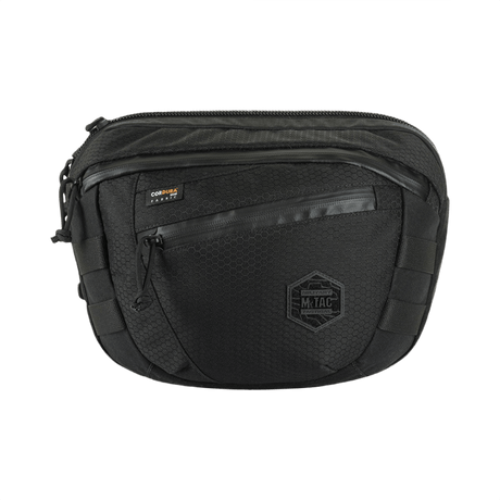 M-Tac Sphaera Hex Hardsling Bag Large Elite in black with front zipper and logo. Practical and sleek bag for all needs.