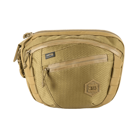 M-Tac Sphaera Hex Hardsling Bag Large Elite in sand color with hexagon pattern and front zip pocket, ideal for outdoor activities.