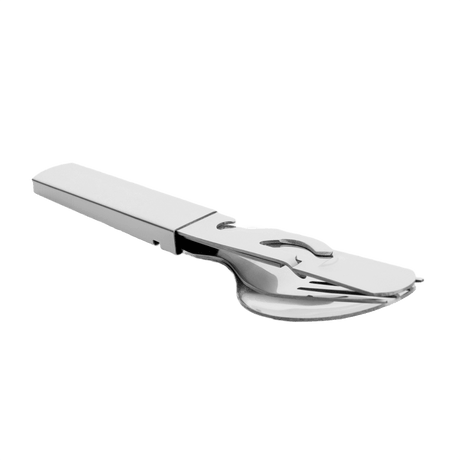 M-Tac Steel Cutlery Set Large (4 pcs) travel cutlery set with spoon, fork, knife and opener in a compact design for camping use.