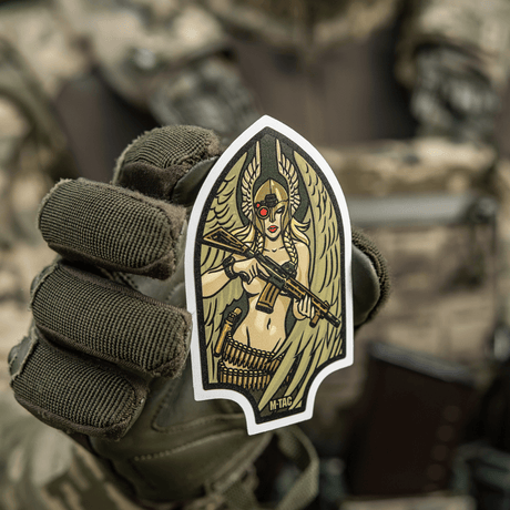 M-Tac Valkyrie sticker shows a Valkyrie with Norman helmet and M4 rifle, inspired by the Arrowhead patch of the U.S. First Special Service Force.