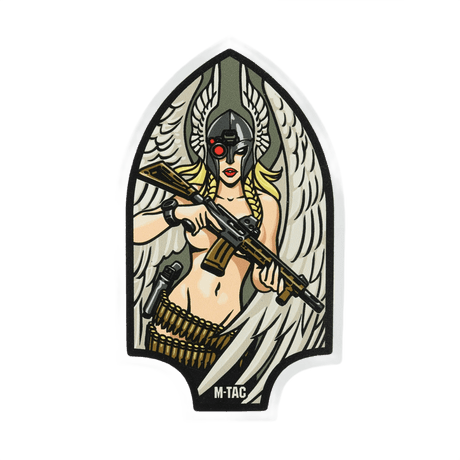 M-Tac Valkyrie sticker with war goddess wearing Norman helmet and M4 rifle, shaped like an Arrowhead patch.