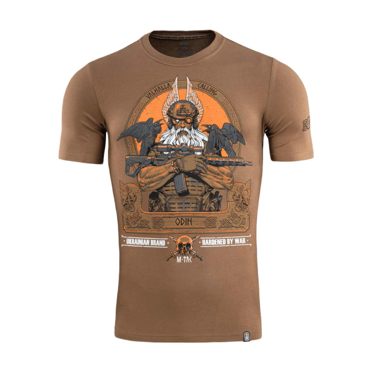 M-Tac T-Shirt Odin med print af Odin fra nordisk mytologi, Hugin og Munin ravne og teksten "Valhalla Calling" i brun farve.