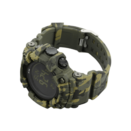 M-Tac Tactical Watch 2037 in camouflage design with compass and LED backlight. Durable outdoor watch, water-resistant to 5ATM. Ideal for tactical use.