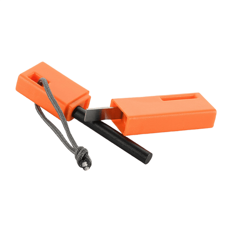M-Tac Firesteel in orange magnesium alloy, perfect for camping and outdoor, produces sparks at 3000 °C with steel striker.