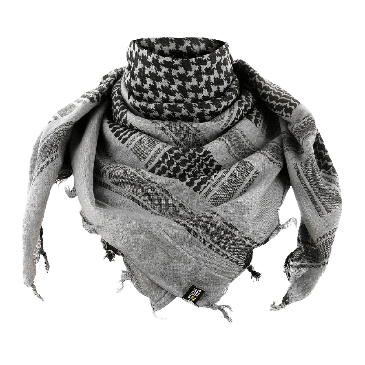 M-Tac Tæt Shemagh Tørklæde i gråt og sort mønster, 100% bomuld, 110x110 cm, beskytter mod sol, sand og vind til taktisk og outdoor brug.