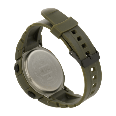 Back of M‑Tac Tactical Compass Watch with green rubber strap and metal case