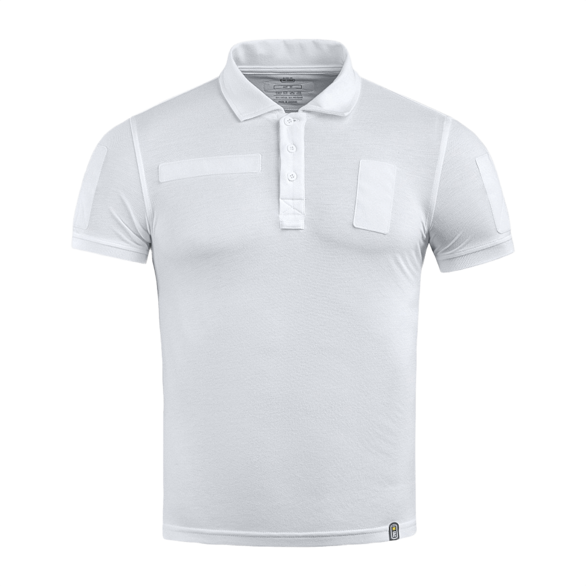 M-Tac Tactical Polo Shirt 65/35 i hvid med velcro-paneler til uniformer, politiet og sikkerhedsarbejde. Fremstillet i 65% bomuld og 35% polyester.
