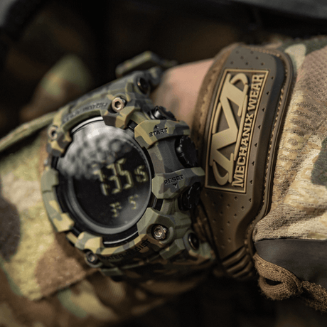 M-Tac Tactical Watch 2037 on wrist, rugged design with compass and LED backlight, ideal for tactical use.
