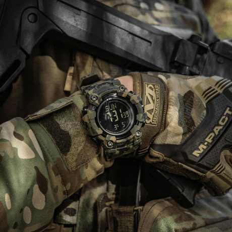 M-Tac Tactical Watch 2037 in use, designed for outdoor and tactical use, rugged and durable with features like compass and LED backlight.