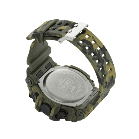 M-Tac Tactical Watch 2037 with steel back cover, 5ATM water-resistant, camo strap, ideal for outdoor and tactical use.