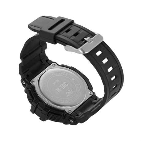 M-Tac Tactical Watch with Compass 2233 seen from the back, wristwatch with durable ABS plastic case and steel back cover, water-resistant with battery code CR2032.