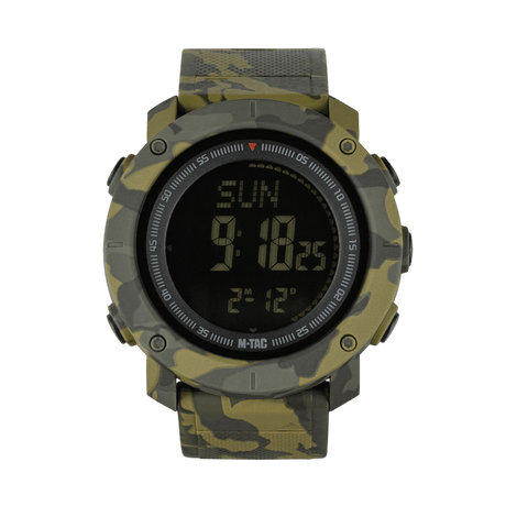 M-Tac Tactical Watch with Compass 2095 in camouflage design, suitable for outdoor activities, with LED lighting, stopwatch and waterproof function.