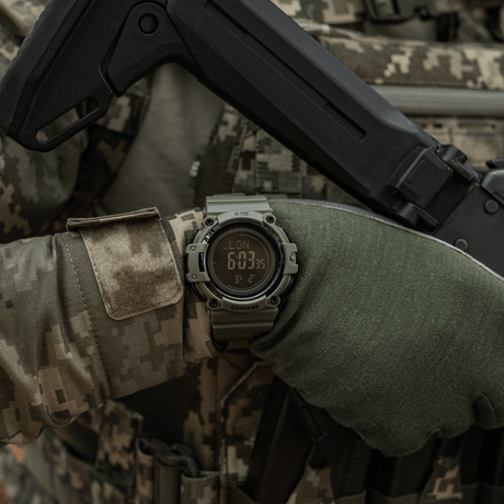 M-Tac Tactical Watch with Compass 2233 on a tactical outdoor background.