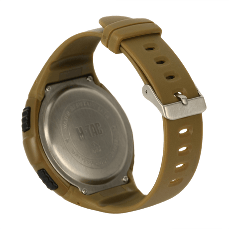 M-Tac Tactical Watch with Pedometer seen from the back with robust strap and metal back