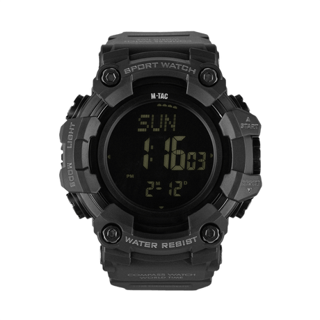 M-Tac Tactical Watch 2037 black digital watch with compass, LED backlight and 5ATM water resistance, ideal for outdoor and tactical use.