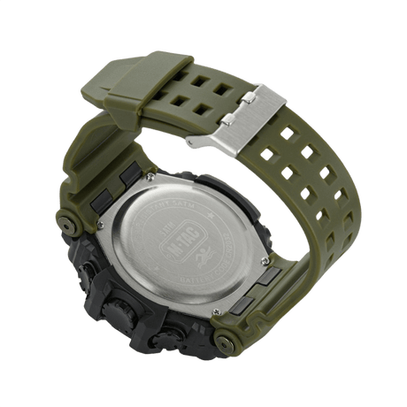 M-Tac Tactical Watch 2037 seen from the back with steel back cover and green strap, water-resistant to 5ATM, rugged design for outdoor use.