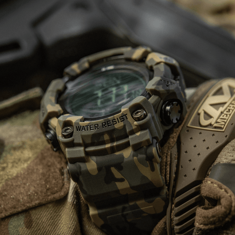 M-Tac Tactical Watch 2037 in camouflage design, ideal for outdoor and tactical use with 5ATM water resistance and LED backlight.