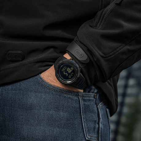 M-Tac Tactical Watch 2147 on wrist, showing rugged tactical design ideal for outdoor and everyday use, LED display highlighted.