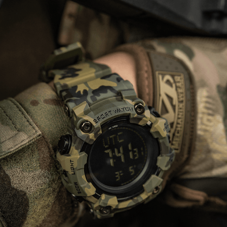 M-Tac Tactical Watch 2037 in camouflage design; ideal for outdoor and tactical use, with features like compass and LED light.