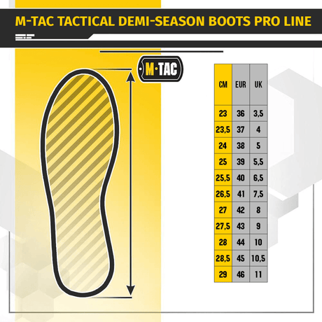 Size chart for M-Tac Tactical Demi-Season Boots Pro Line in cm, EUR and UK sizes, with Vibram sole illustration.