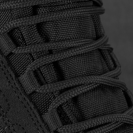 Close-up of laces on M-Tac Tactical Demi-Season Boots Pro Line in black Cordura and suede materials.