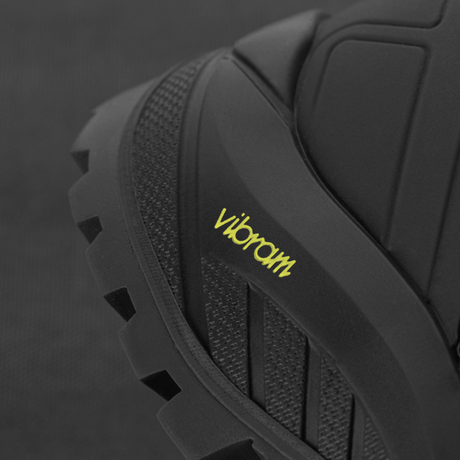 Close-up of Vibram sole on M-Tac Tactical Demi-Season Boots Pro Line, designed for grip and stability during tactical tasks.