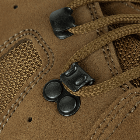 Close-up of M-Tac Tactical Summer Boots' lacing details in suede and Cordura® mesh material, designed for comfort and durability