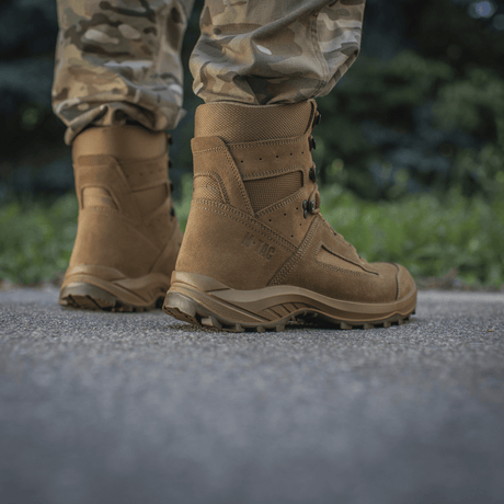 M-Tac Tactical Summer Boots in brown suede and Cordura®, designed for hot days and terrain, photographed outdoors