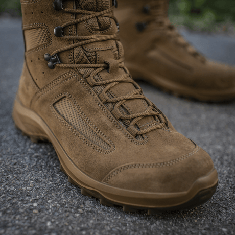 Close-up of M-Tac Tactical Summer Boots in suede and Cordura® mesh, designed for comfort on warm days and challenging terrain.