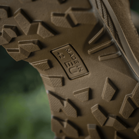 Sole of M-Tac Tactical Summer Boots with "Made in EU" marking, made from durable material with a modern design.